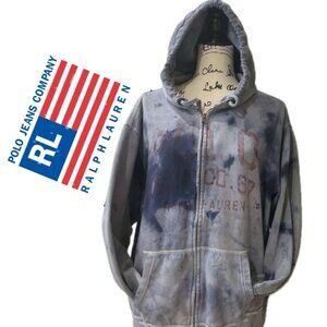 Y2K 90’s POLO RALPH LAUREN SWEATSHIRT HOODED DISTRESSED TIE DYE Sz L AESTHETIC